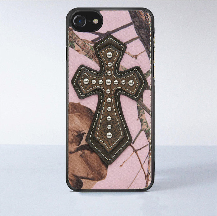 Pink Camo with Brown Leather Cross iPhone 7 Case